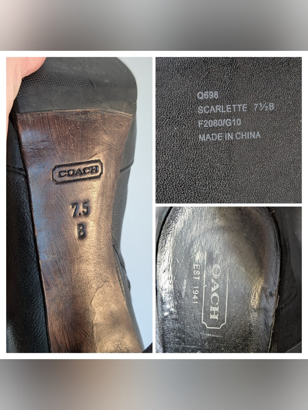 Coach| Scarlette Black Leather High-Heel Boots, Side Zip, 4" Heel, Size 7.5B - Picture 11 of 14